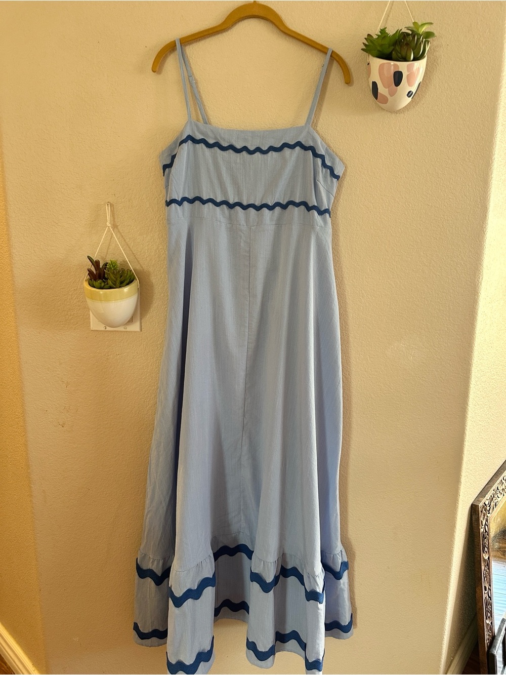 Pretty Garden Ric Rac Smocked Maxi Blue Vintage Dress Large
